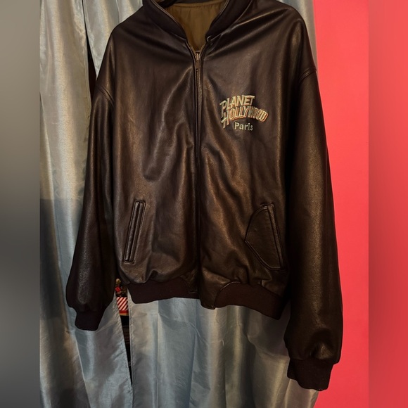 Planet Hollywood 100% Black Leather Varsity Style Jacket in EUC Size XXL - Picture 1 of 10